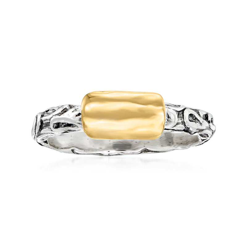 Curved top ring with yellow gold rectangular top and textured sterling silver band