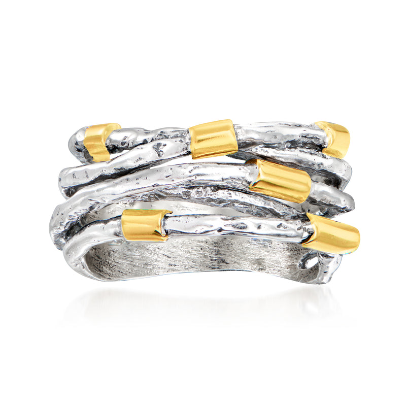 Sterling silver ring with hammered texture and 14kt yellow gold station accents