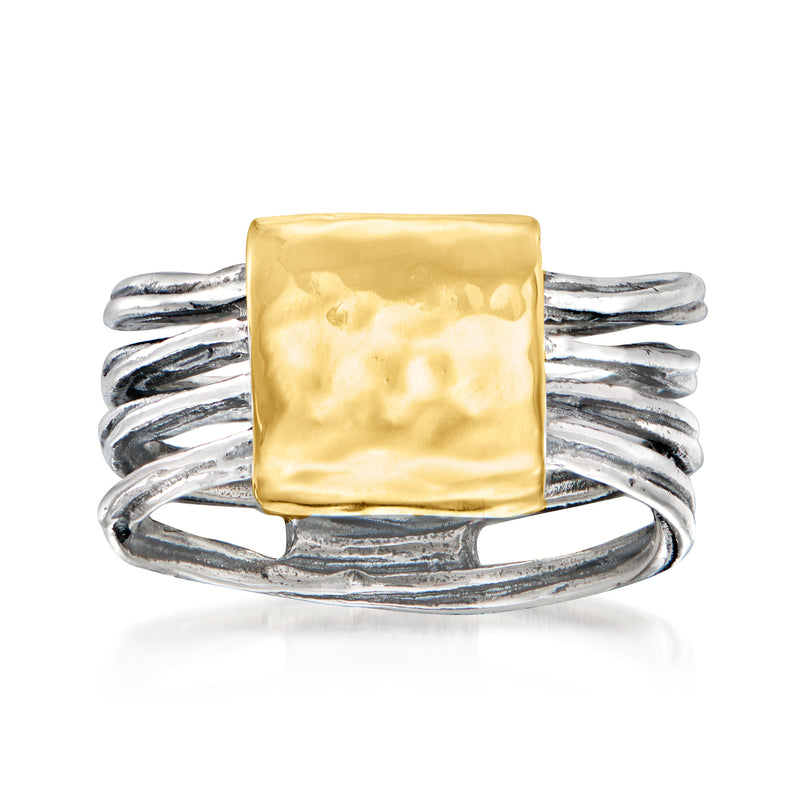 Two-tone curved-top ring with square 14kt yellow gold top and sterling silver bands