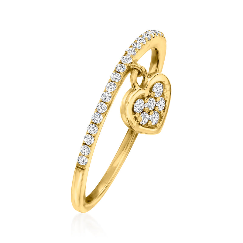 14kt yellow gold diamond heart charm ring with pavé-set heart pendant