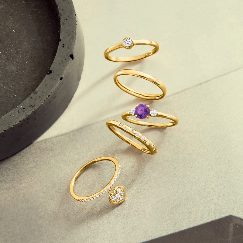 14kt yellow gold diamond heart charm ring with pavé band