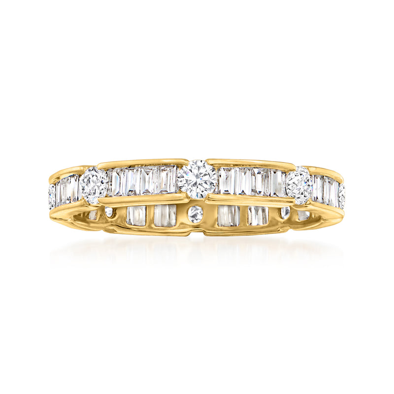 14k yellow gold baguette and round diamond eternity band with split-prong bezels