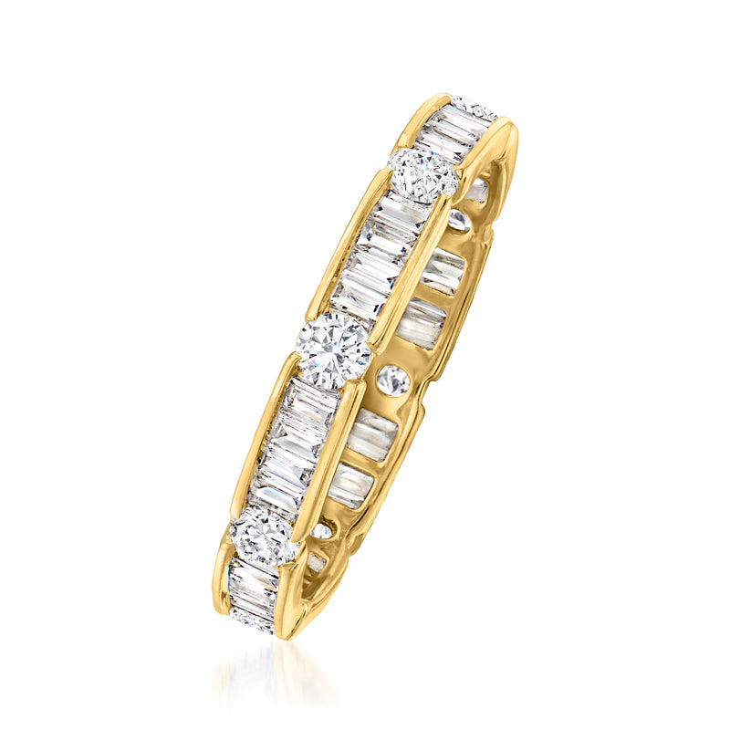 Angle view: 14k yellow gold baguette and round diamond eternity band, prong-set