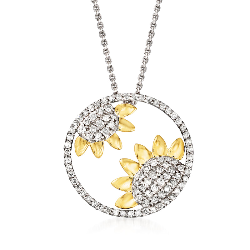 Diamond sunflower necklace in sterling silver and 14kt yellow gold pendant