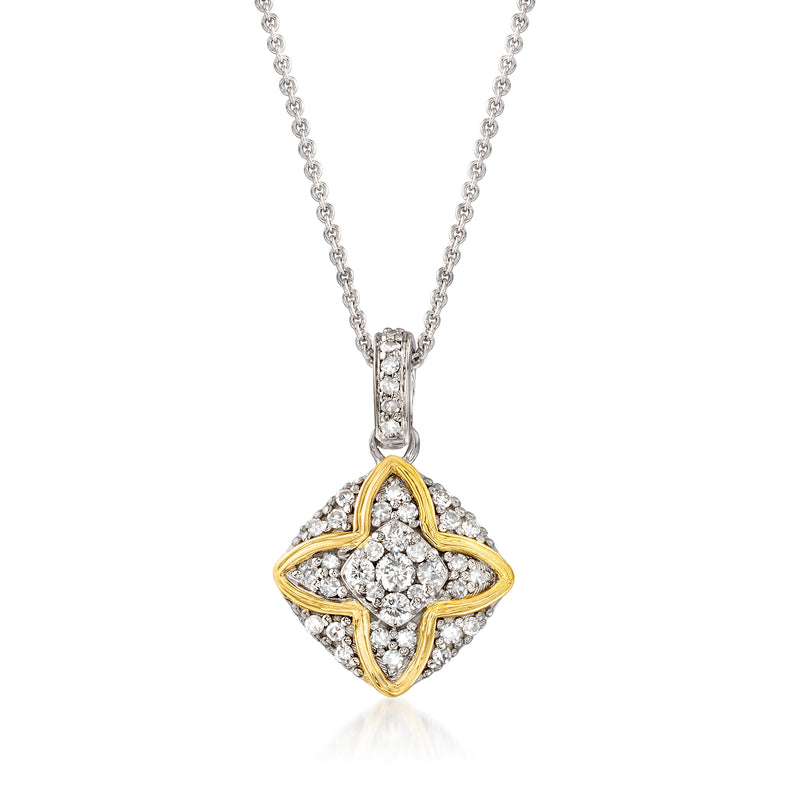 Sterling silver diamond pendant necklace with 14kt yellow gold quatrefoil setting