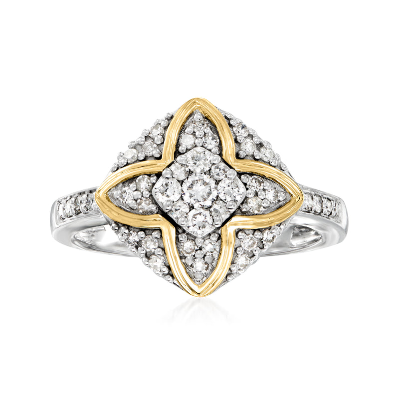 Sterling silver diamond ring with yellow gold openwork and clustered round diamonds