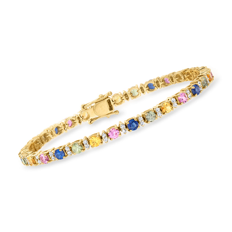 14kt yellow gold bracelet with multicolored sapphire stones and diamond accents