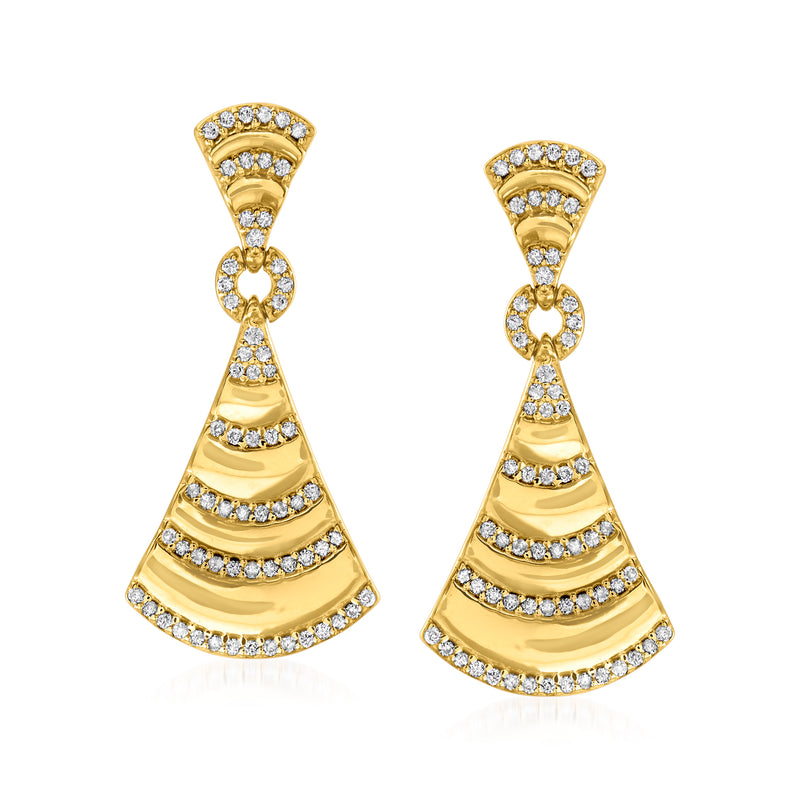 Gold fan drop earrings with sparkling round-cut stones in a tiered triangle design