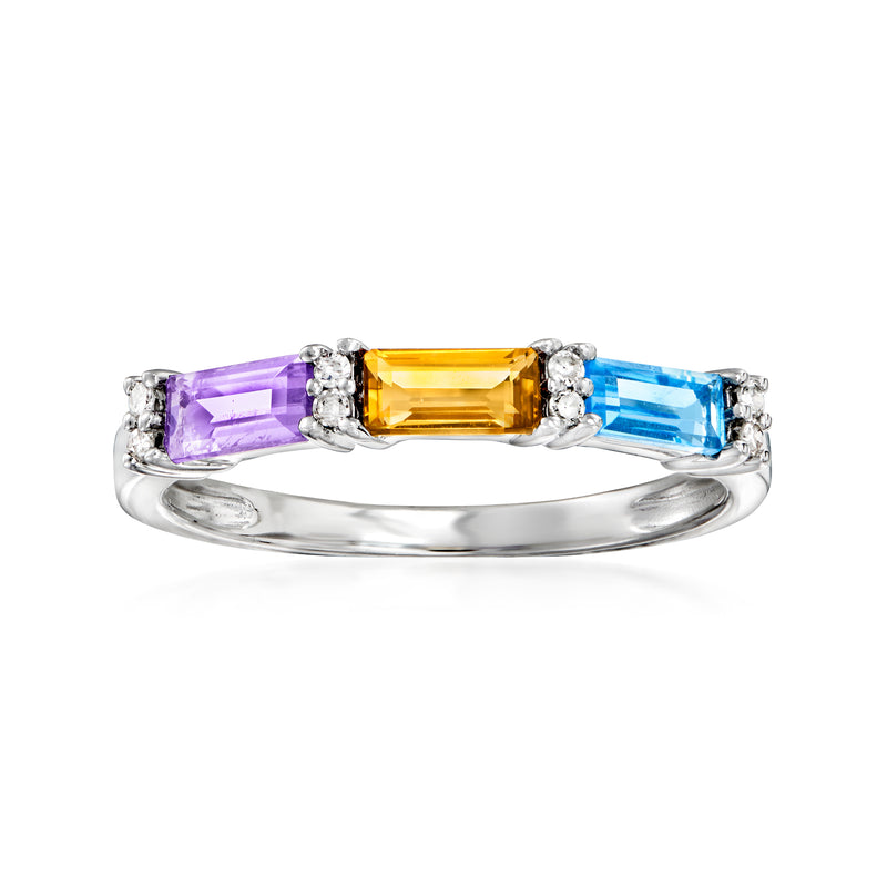 14kt white gold multi-gemstone ring with purple, yellow, blue stones and diamond accents