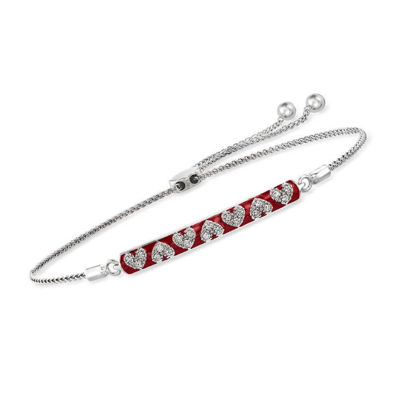 Sterling silver bolo bracelet with red enamel heart bar and diamond accents