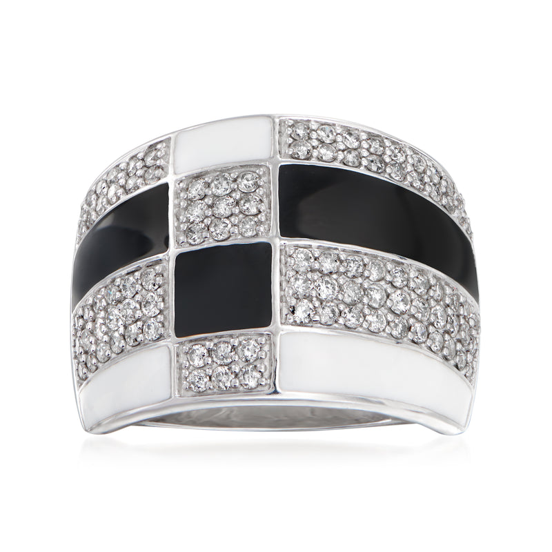 Sterling silver dome ring with diamond and black-and-white enamel panel design
