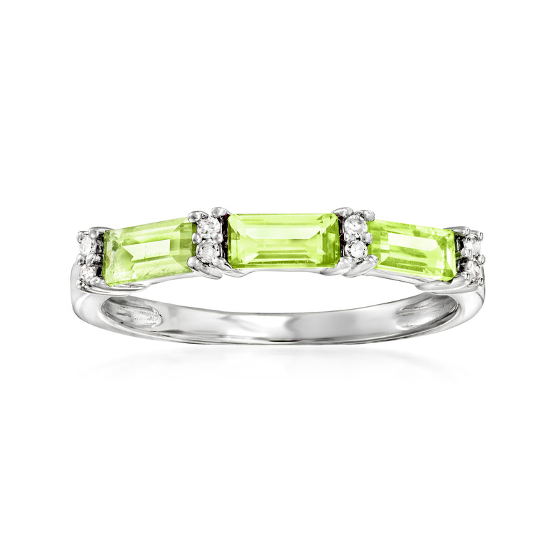 14kt white gold ring with green peridot and white diamond accents, three-stone design