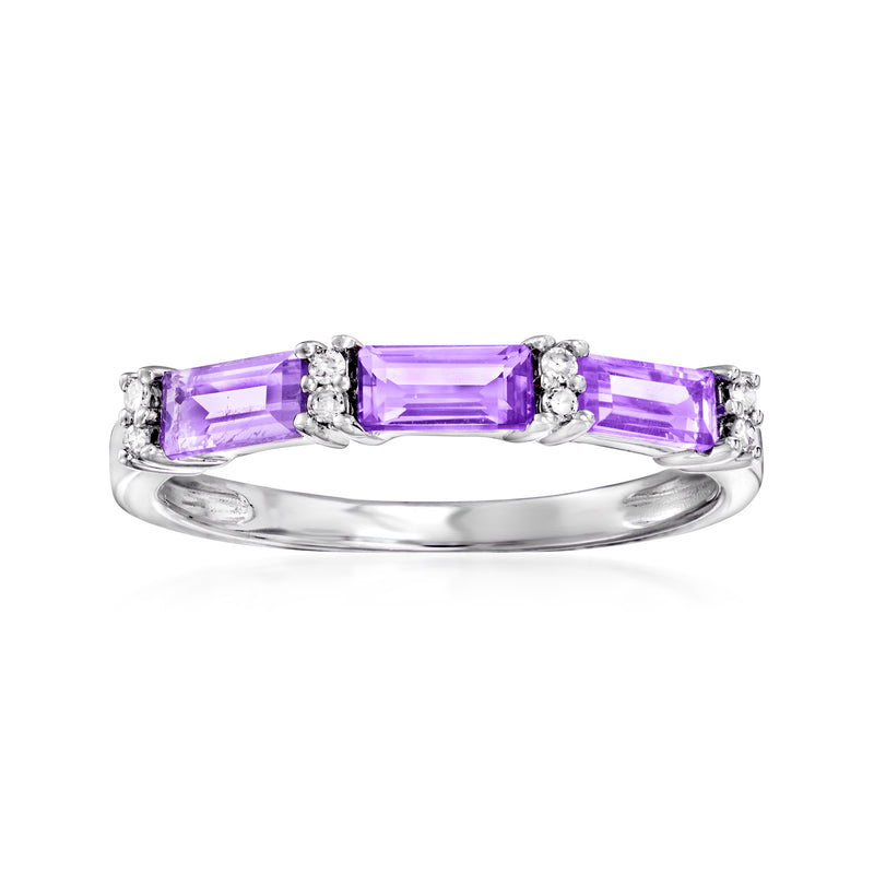 14kt white gold amethyst ring with three rectangular purple stones and diamond accents