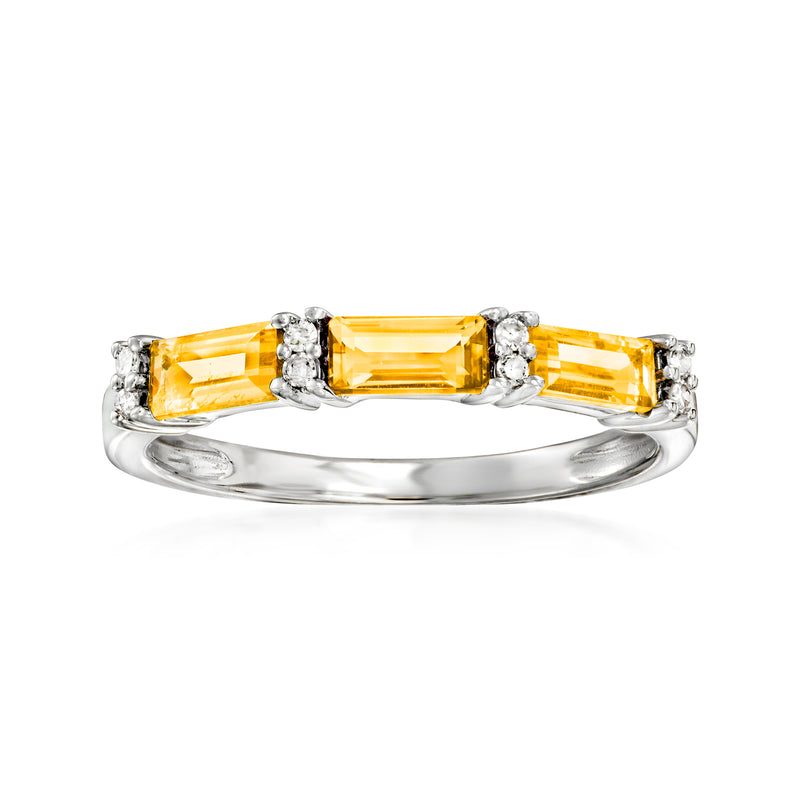 14kt white gold ring with step-cut citrine center stone and diamond accents