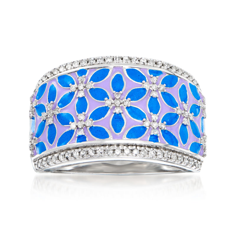 Sterling silver floral enamel ring with blue oval petals and diamond accents, full band