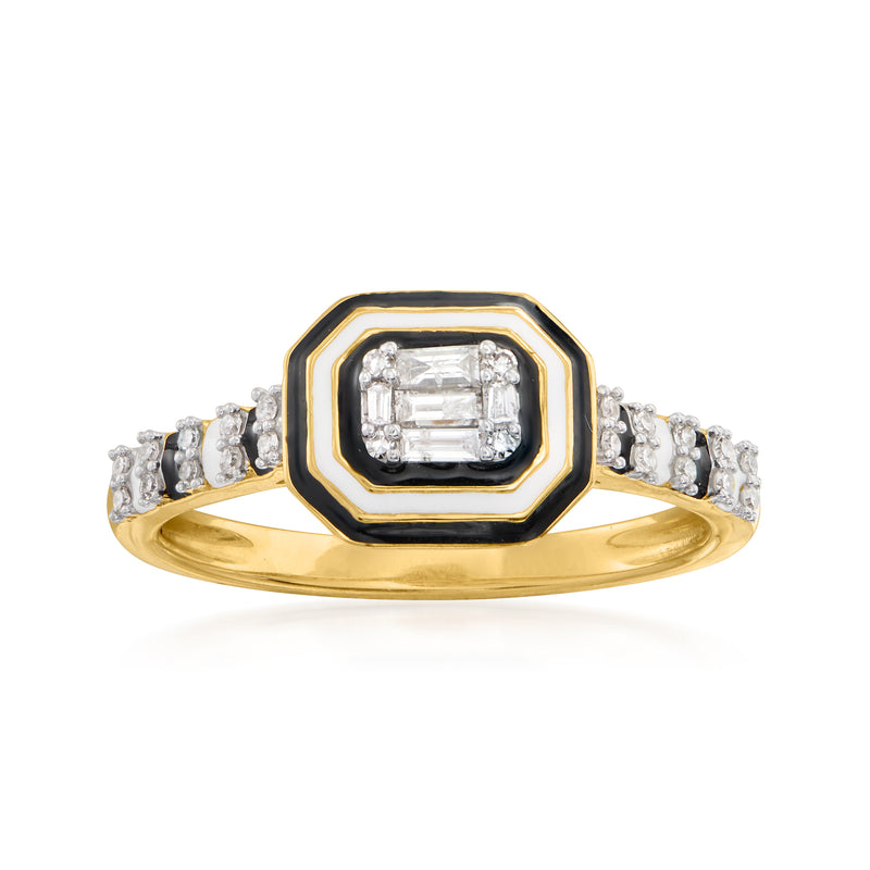14k yellow gold ring with octagonal striped black enamel and emerald-cut diamond center