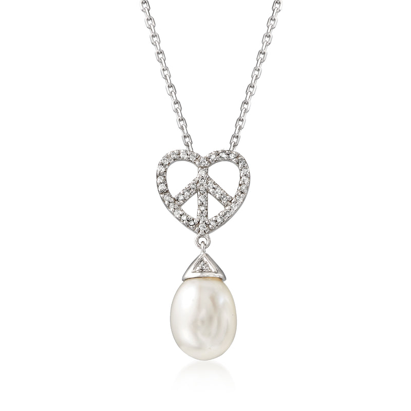 Sterling silver heart peace-sign pendant with diamond sparkle and cultured pearl drop