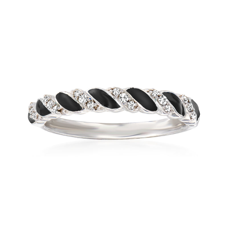 Sterling silver twisted ring with black enamel ovals and round diamond accents