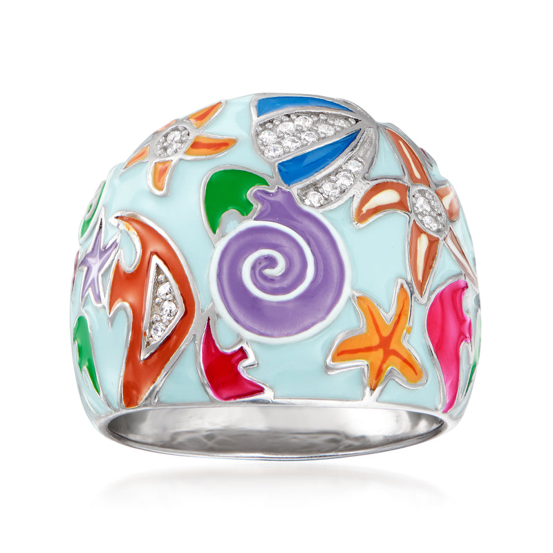 Sterling silver sea life ring with multicolored enamel, purple spiral center, stone accents
