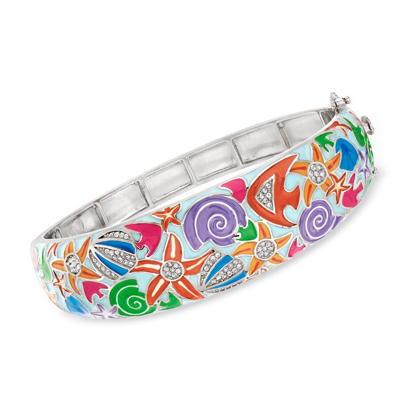 Sterling silver sea life enamel bangle bracelet with multicolored motifs and clear stones
