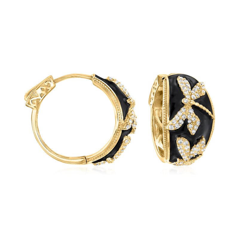 Gold hoop earrings with black enamel dragonfly and white sparkle stones