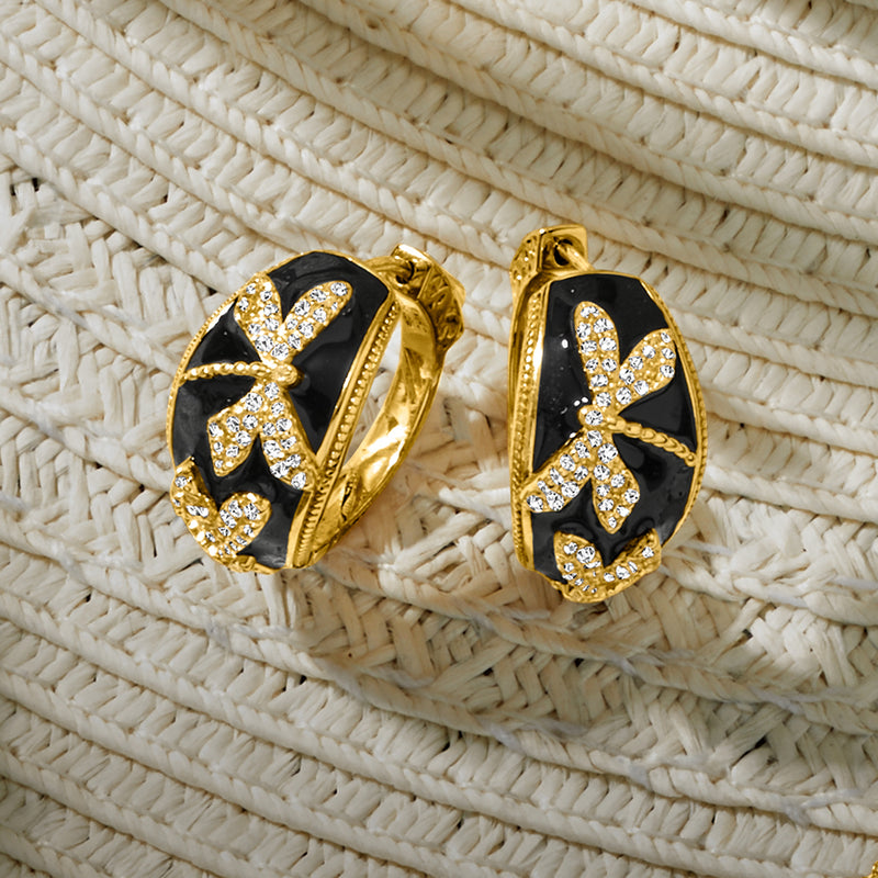 Gold hoop earrings with black enamel dragonfly and sparkling white stones