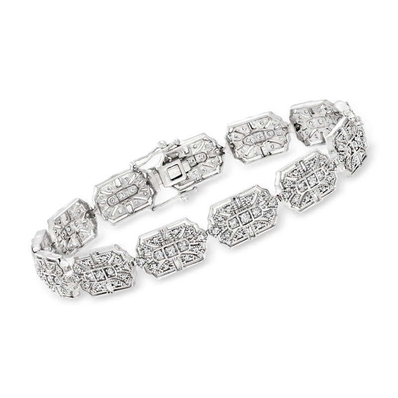 Sterling silver vintage-style diamond bracelet with baguette and round-cut stones, 7-link design