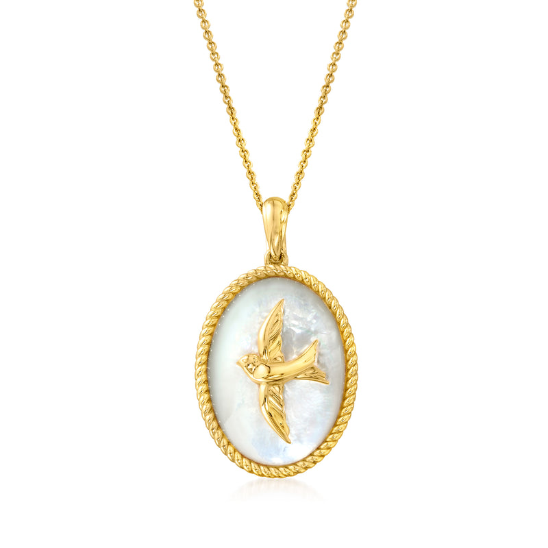 18kt gold over sterling bird pendant necklace with oval mother-of-pearl pendant