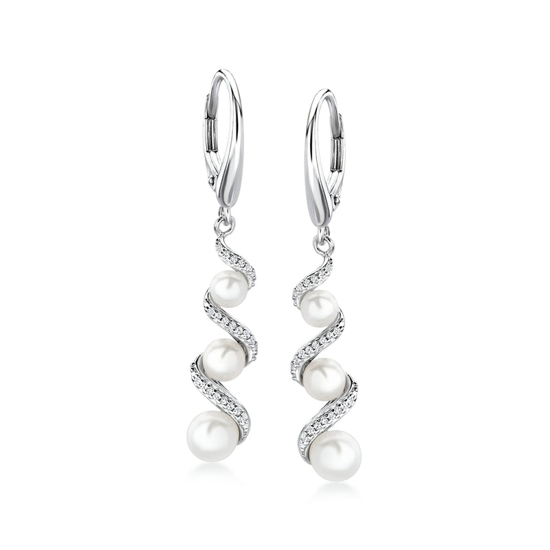 Sterling silver drop earrings with three white cultured pearls and diamond-like zigzag settings