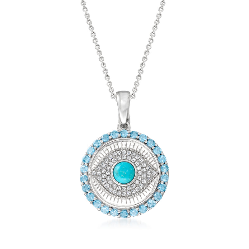 Turquoise evil eye pendant necklace with round blue halo and silver chain
