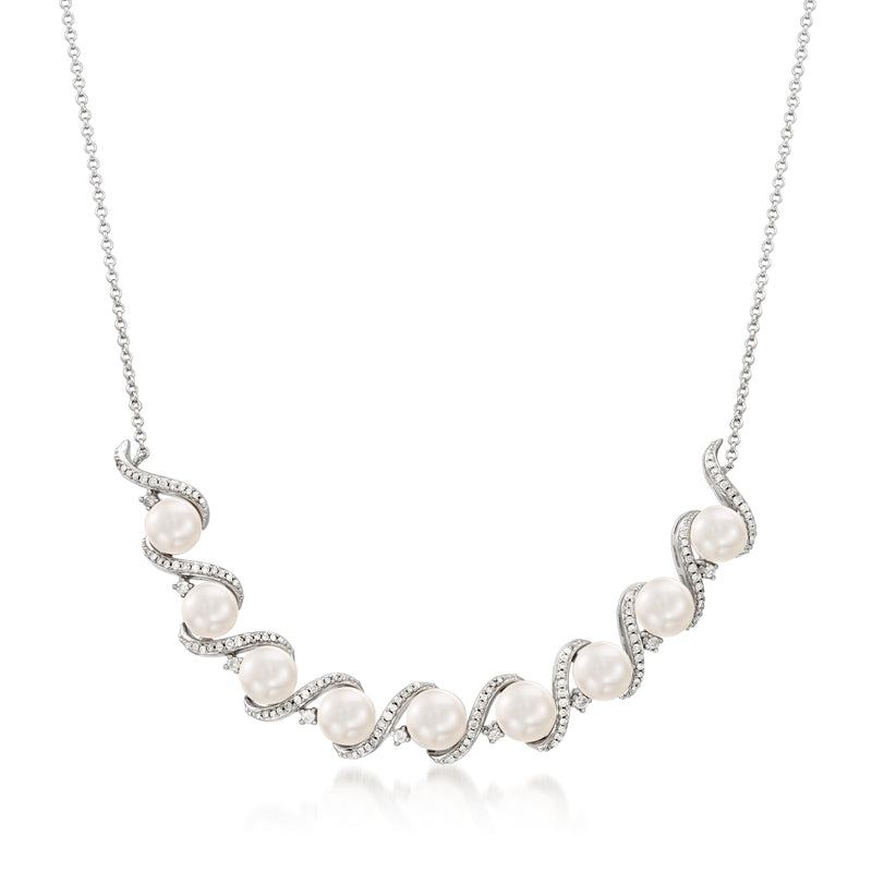 Sterling silver necklace with 6mm cultured pearls and diamond accents, rope chain