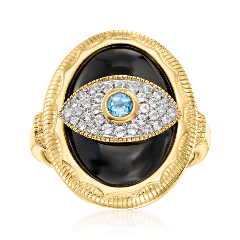 Gold-tone evil eye ring with black oval agate, round blue topaz, and white stone halo
