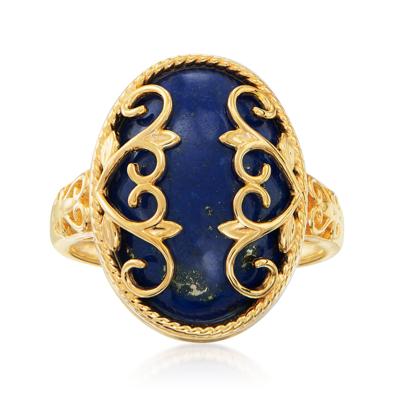 18kt gold over sterling lapis ring, oval blue stone with gold filigree scrolling
