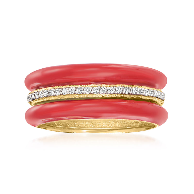 Red enamel and diamond band ring in 18kt gold over sterling, slim bezel profile