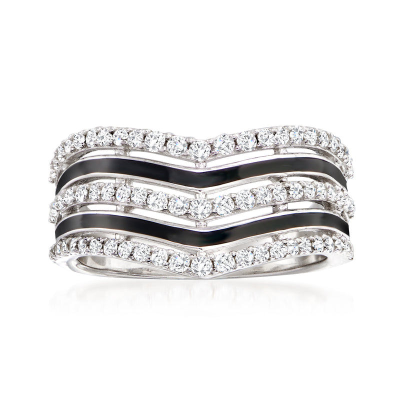 Sterling silver white topaz and black enamel wave ring