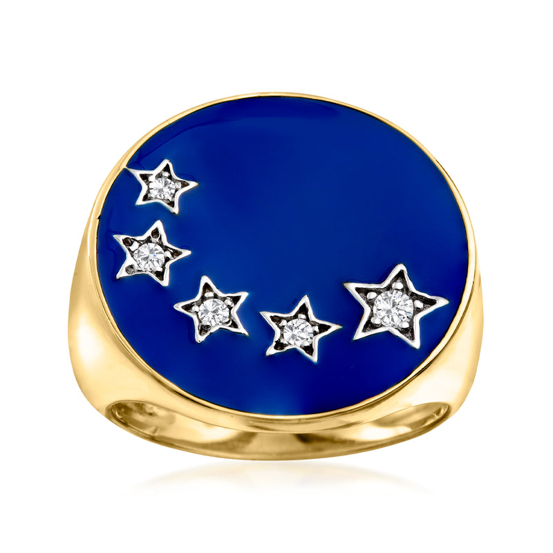 Gold-tone star ring with blue enamel oval and five white crystal star accents