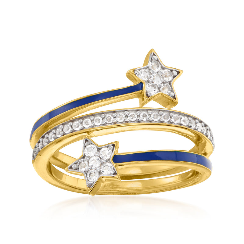 Gold-tone star ring with blue enamel bands and white topaz-style stones
