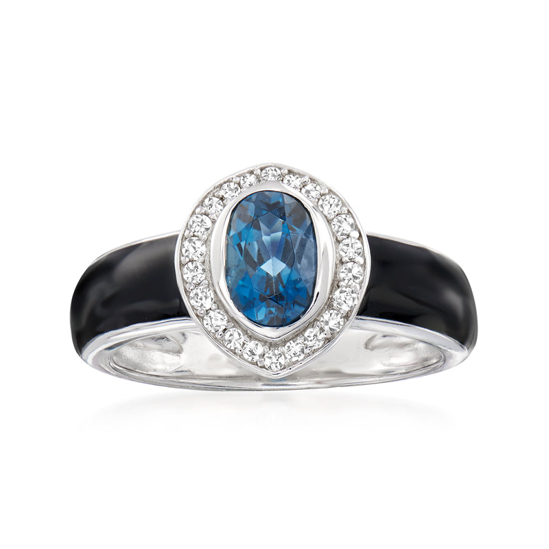 Sterling silver ring with oval blue topaz, diamond halo, black enamel band