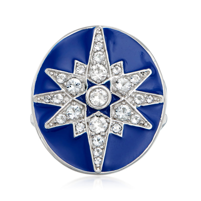 Sterling silver ring with blue enamel starburst and round white gemstones