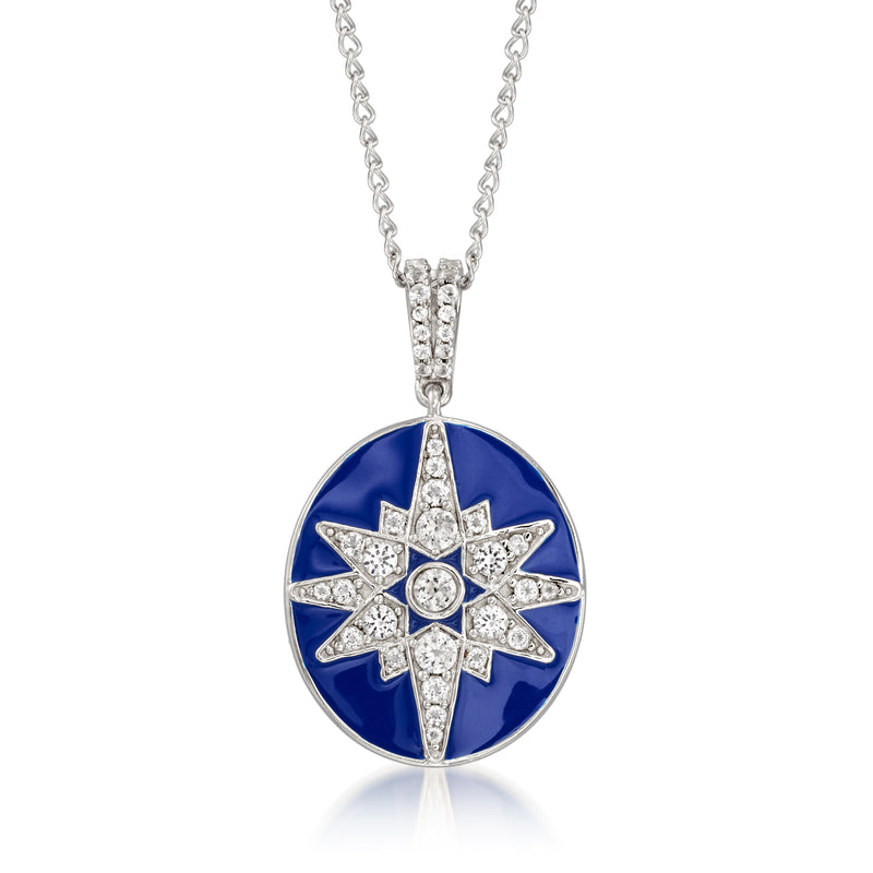 Sterling silver necklace with round blue enamel star pendant and clear gem accents