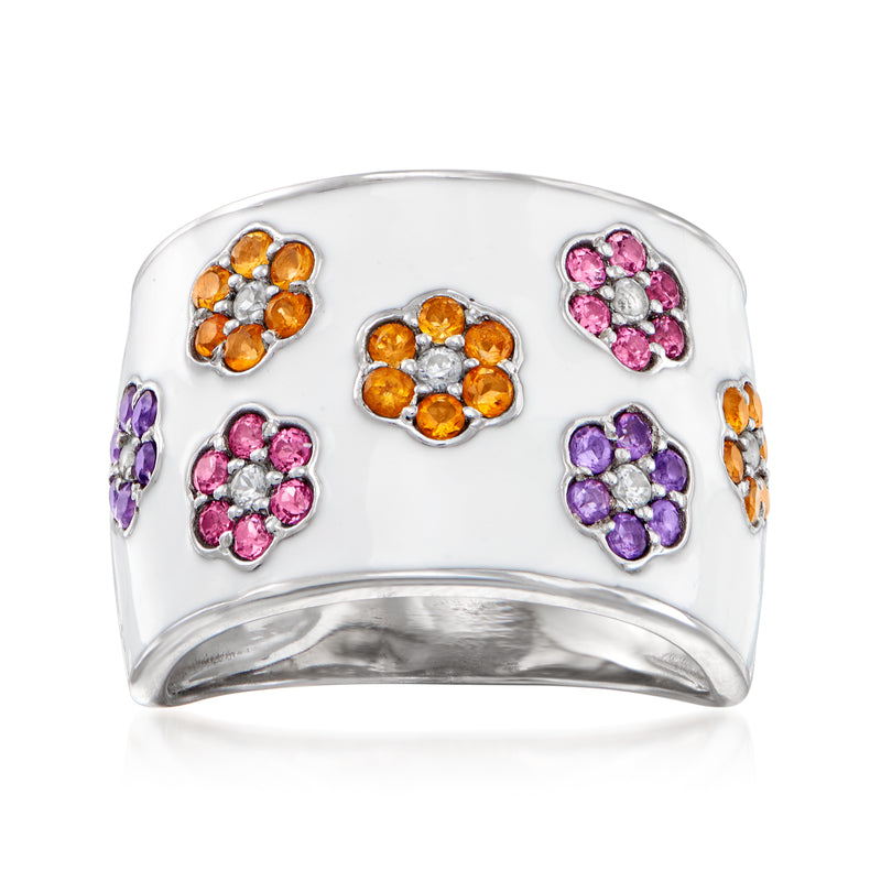 Sterling silver flower ring with multi-gemstones and pink, orange, and purple enamel accents