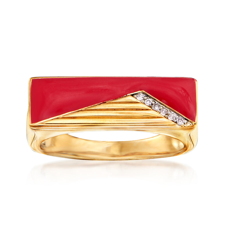 Red enamel bar ring with diamond accents on gold-tone band
