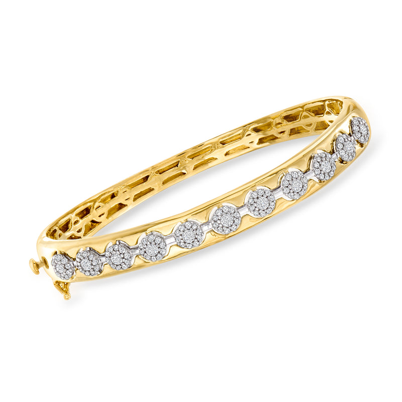 Two-tone gold diamond cluster bangle bracelet with perforated openwork and round stones