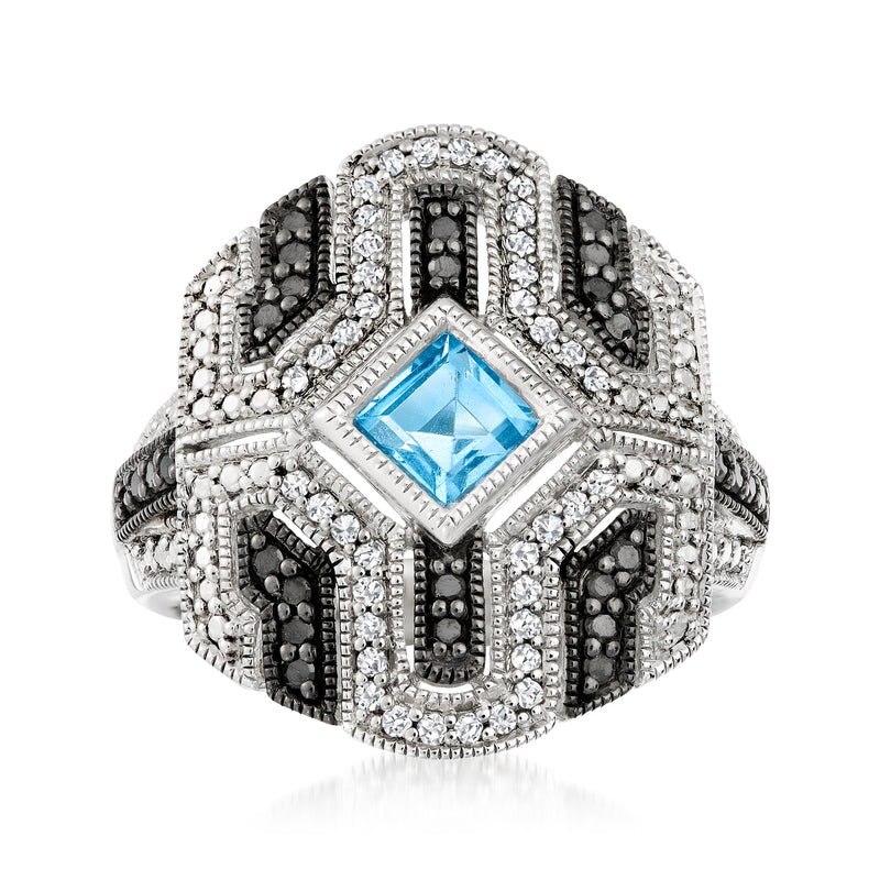 Sterling silver milgrain ring with blue topaz center, white diamonds, black accents