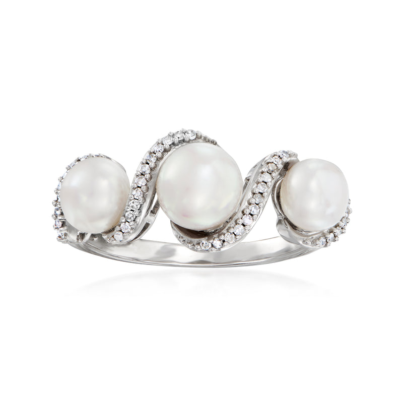 Sterling silver pearl and diamond ring with three cultured pearls