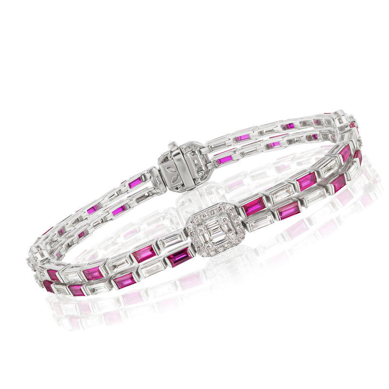 18kt white gold checkerboard bracelet with ruby and diamond square links