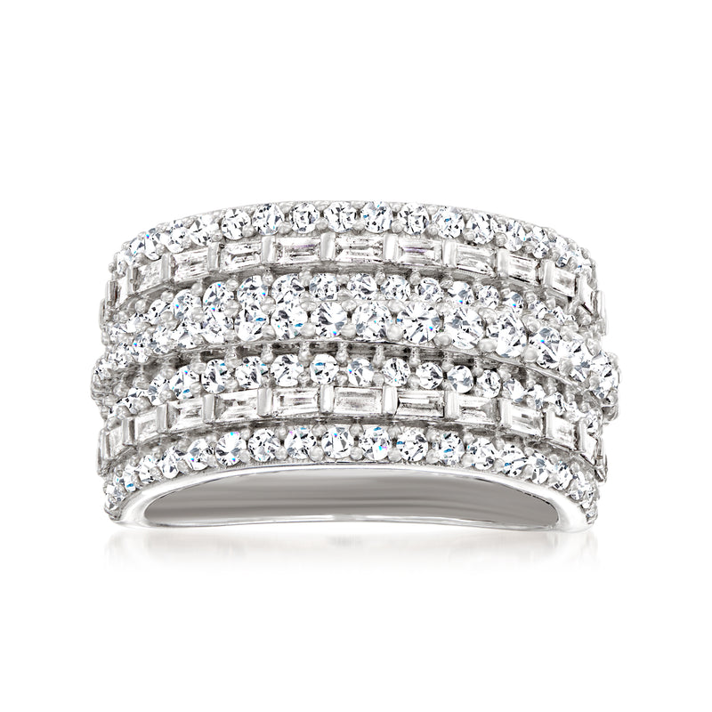 Sterling silver multi-row diamond ring with baguette and round stones, 1.50 ct t.w.