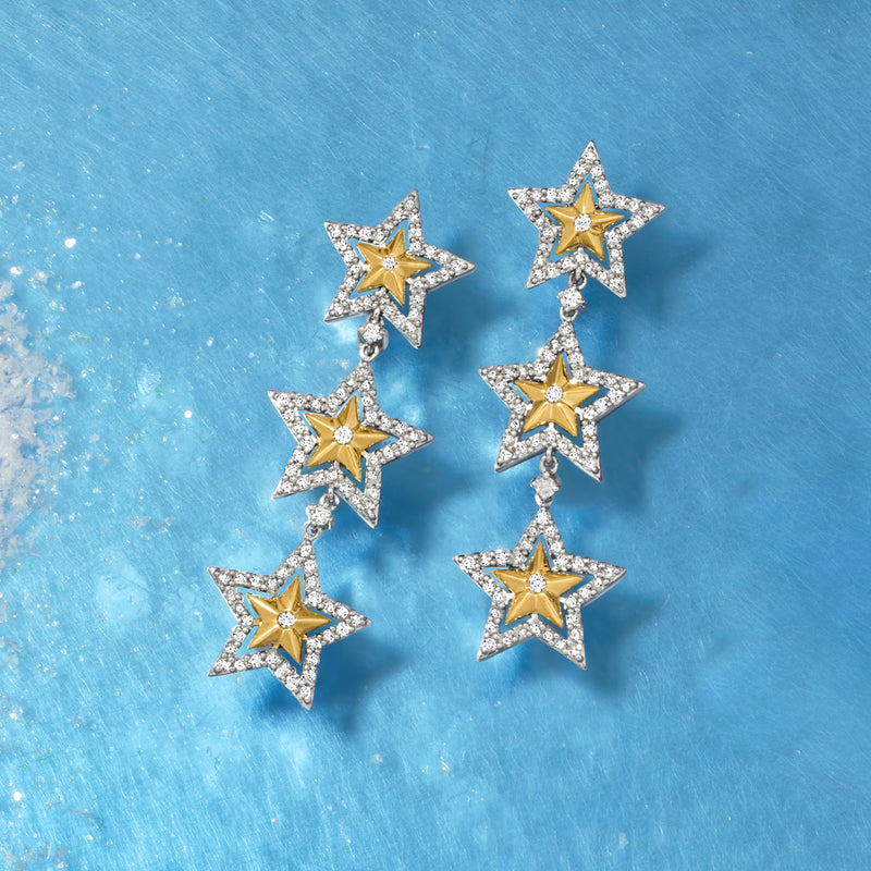 Star drop earrings in two-tone gold with diamond accents