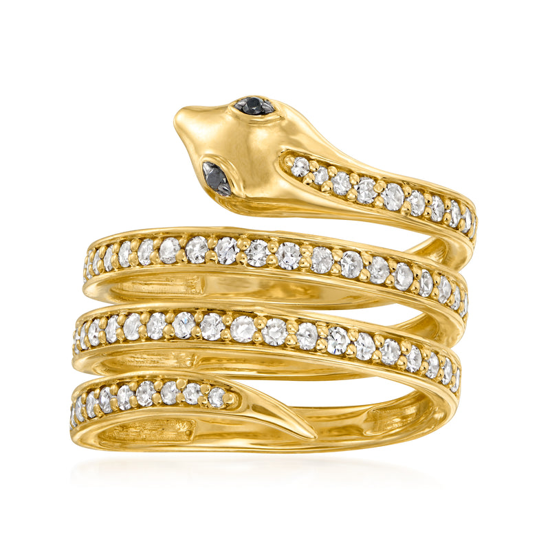 Gold snake wrap ring with round clear diamonds and black diamond eye accents