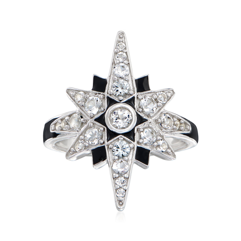 Sterling silver star ring with white topaz-like stones and black enamel accents